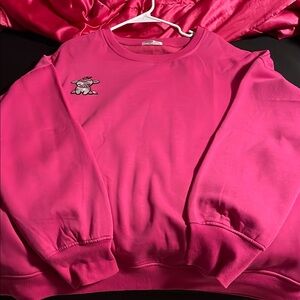 Vibrant Pink Crewneck Sweater with strawberry cow embroidered